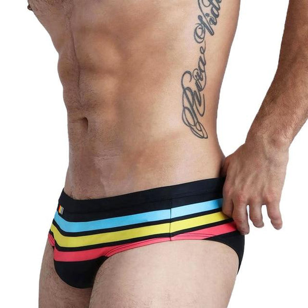 Black (no pad) Pride Stripe Swim Briefs by Queer In The World sold by Queer In The World: The Shop - LGBT Merch Fashion