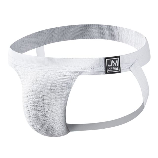 White Jockmail jockstrap with textured pouch and supportive leg straps