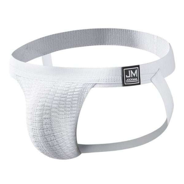 White Jockmail jockstrap with textured pouch and supportive leg straps