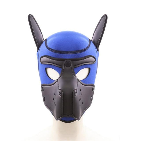 Blue neoprene puppy hood with black muzzle, pointed ears, and eye openings