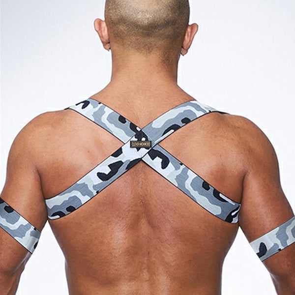 Rear view of a gray camouflage elastic chest harness with crossed back straps and matching arm bands