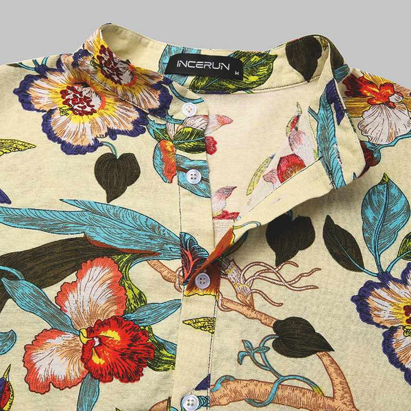 Beige Spring Florals Short Sleeve Printed Shirt by Queer In The World sold by Queer In The World: The Shop - LGBT Merch Fashion