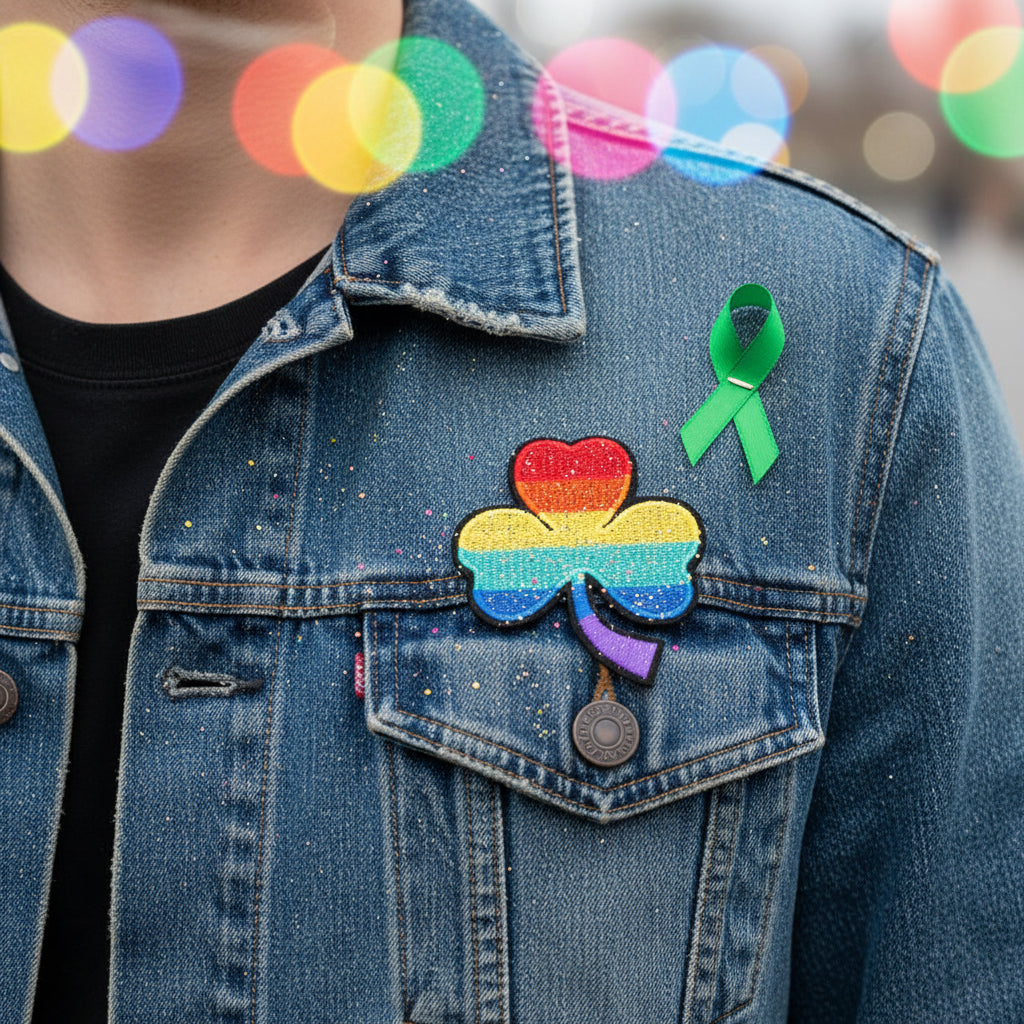Rainbow embroidered clover LGBT patch displayed on a denim jacket