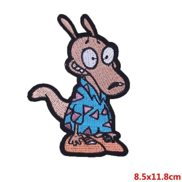 Embroidered iron-on patch featuring Rocco, a cartoon kangaroo in a blue patterned shirt