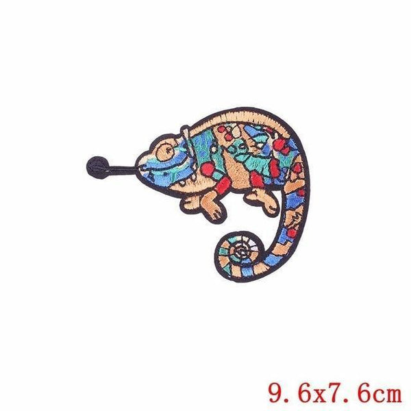 Embroidered chameleon iron-on patch with colorful mosaic-like details