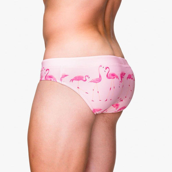 Rear view of a model wearing pink swim briefs printed with pink flamingos