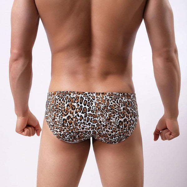 Rear view of a model wearing leopard-print briefs with a fitted waistband