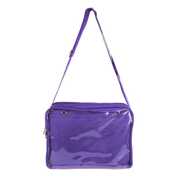 Purple transparent shoulder bag with a clear front pocket for displaying pins