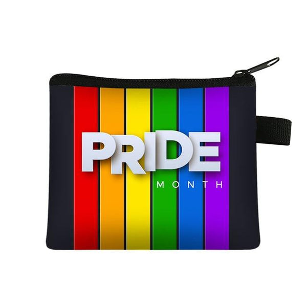 Black Pride Month coin purse with rainbow stripes, zipper, and wrist strap