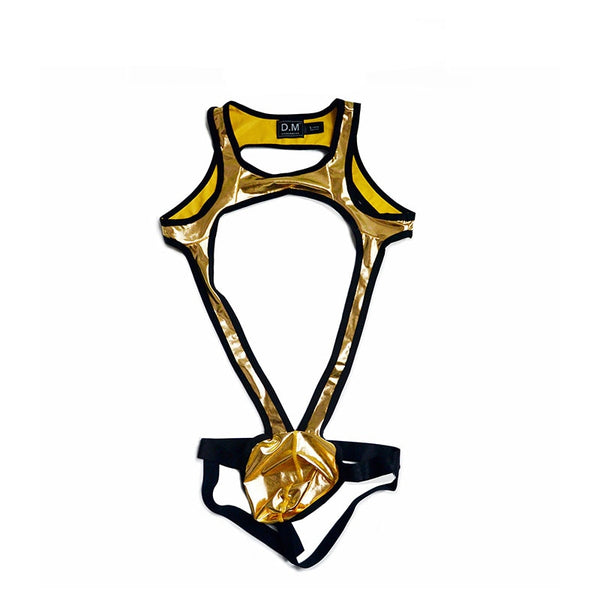 Flat-lay gold-and-black strappy male bodysuit with an open front and pouch