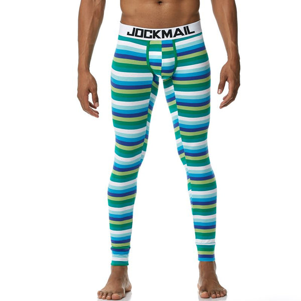 Model wearing striped Jockmail thermal long johns with a white branded waistband