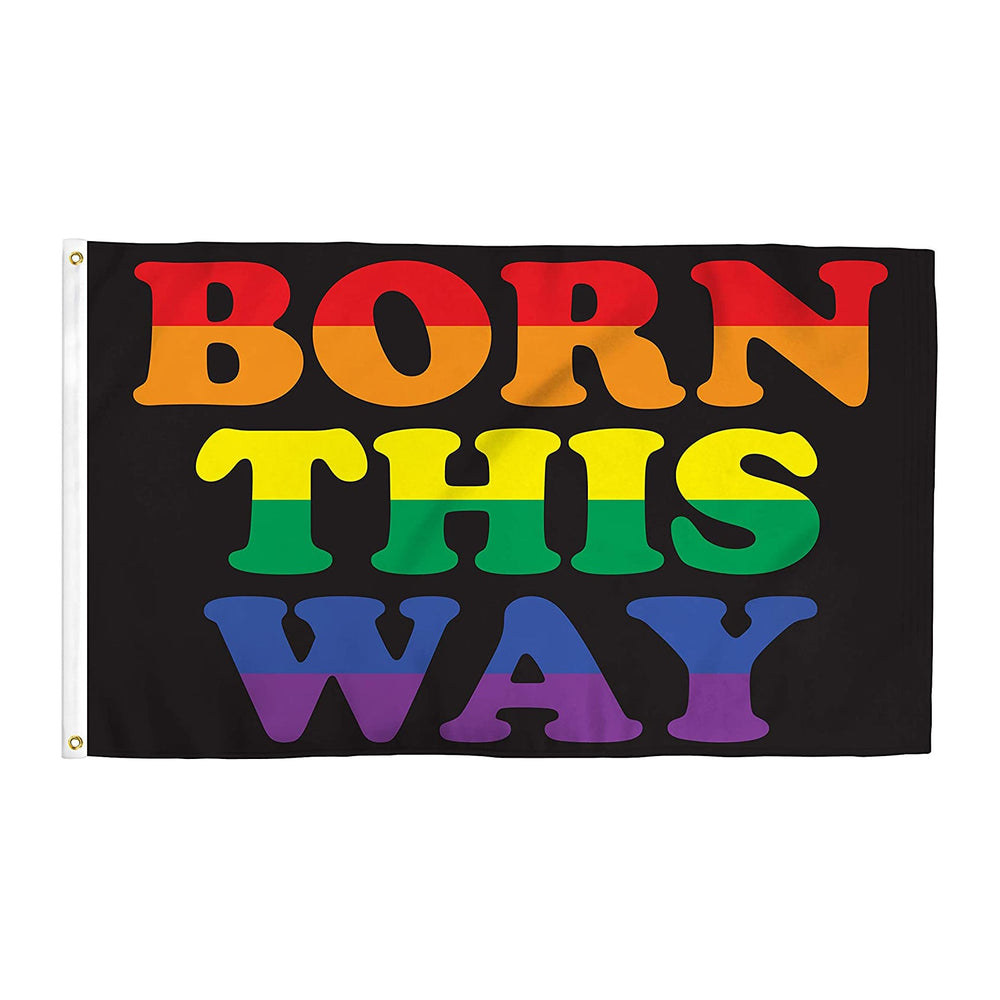 Black Born This Way flag with rainbow-colored lettering and two brass grommets