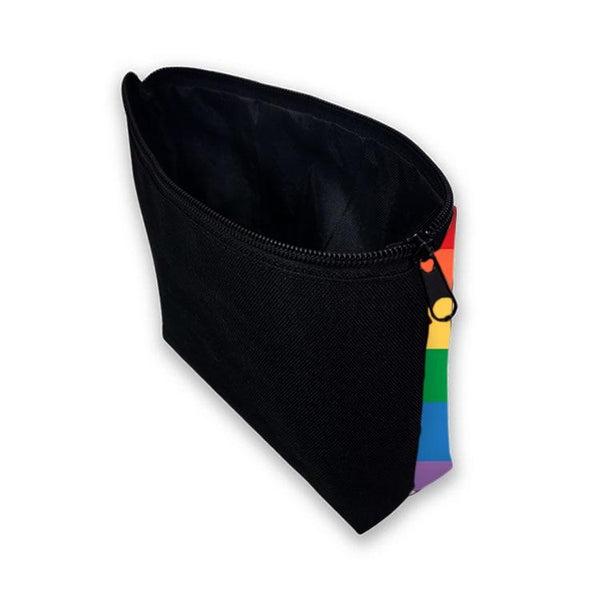 Black cosmetic pouch with a rainbow Pride flag zipper pull, shown open