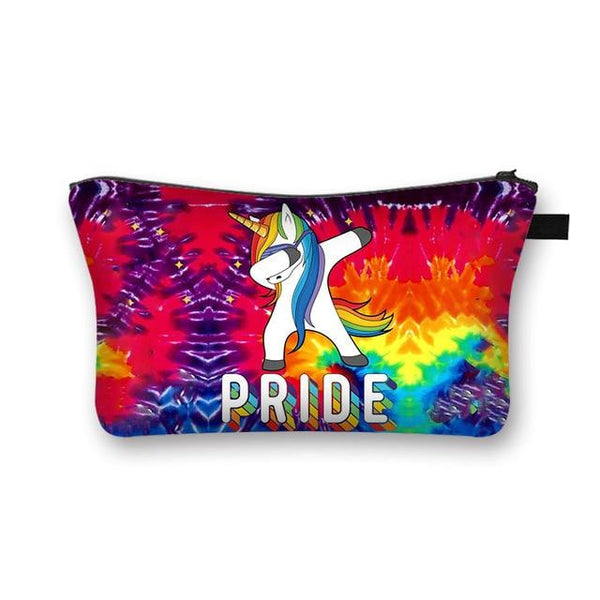 Unicorn Pride cosmetic bag with rainbow tie-dye print and “PRIDE” lettering