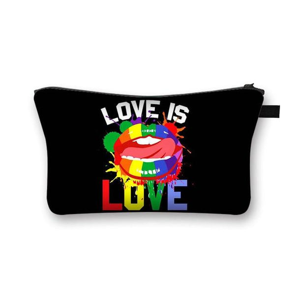 Black cosmetic pouch with rainbow lips graphic and “LOVE IS LOVE” text