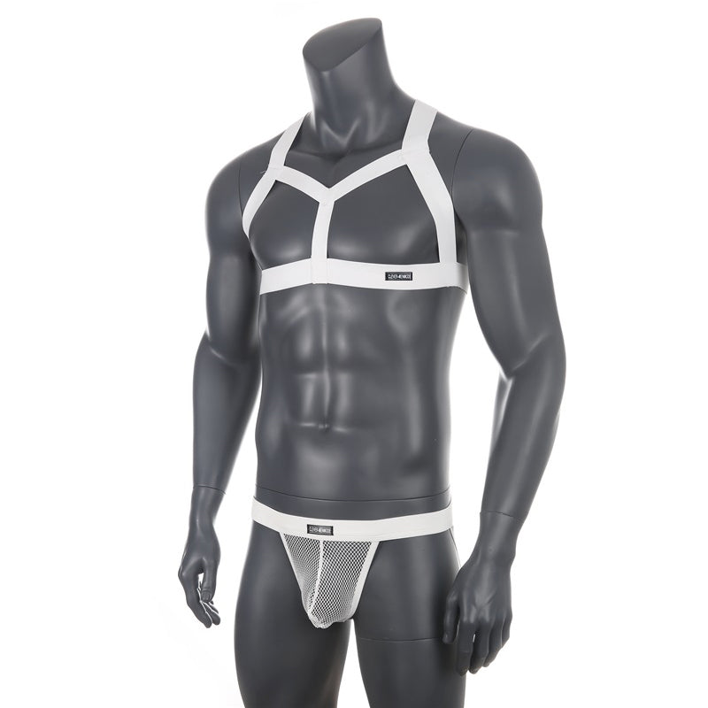 Front view of a black mannequin wearing a white chest harness and mesh jockstrap