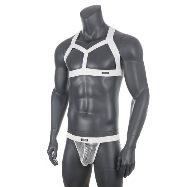 Front view of a black mannequin wearing a white chest harness and mesh jockstrap