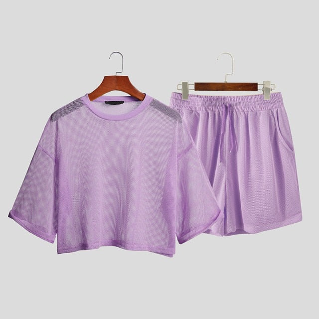 Purple Solid Colour Mesh Crop Top + Shorts  (2 Piece Outfit) by Queer In The World sold by Queer In The World: The Shop - LGBT Merch Fashion