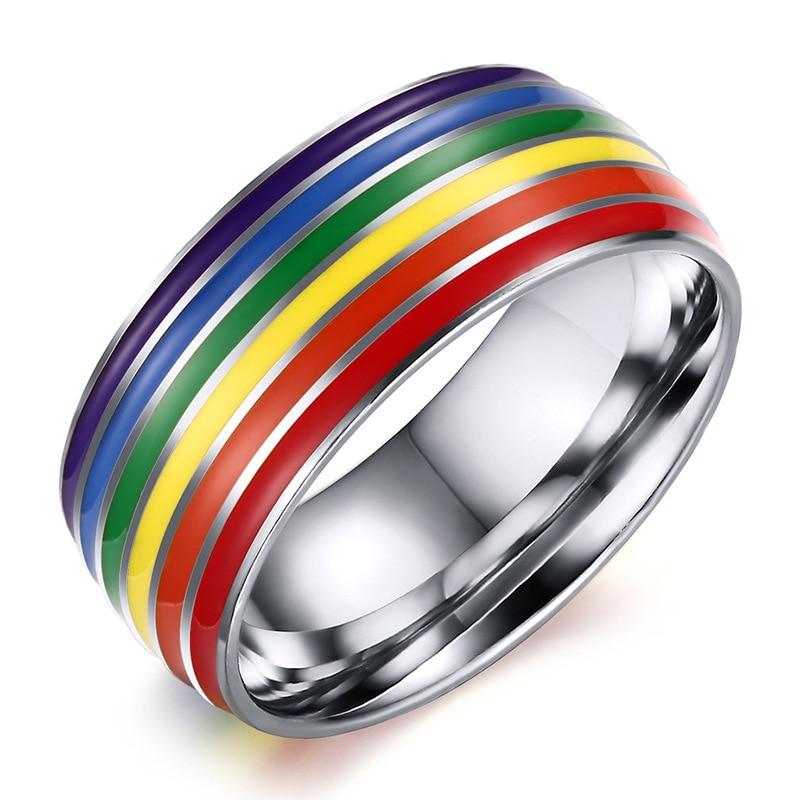Rainbow LGBT Pride band ring with red, orange, yellow, green, blue and purple enamel stripes