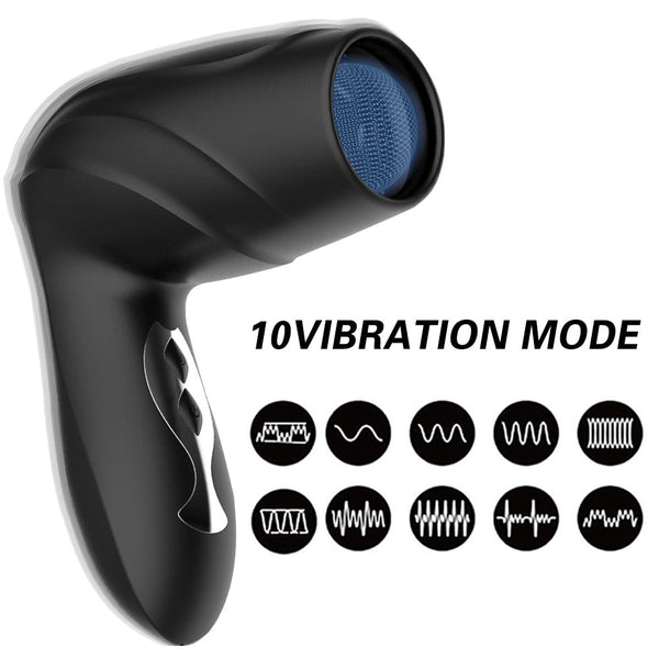 Black handheld penis-sucking machine with blue textured opening and vibration-mode icons