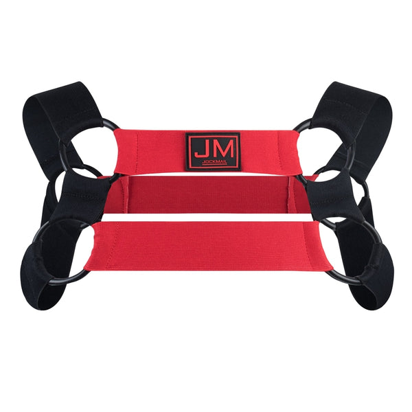 Red and black elastic shoulder harness with multiple O-ring connectors and JM logo