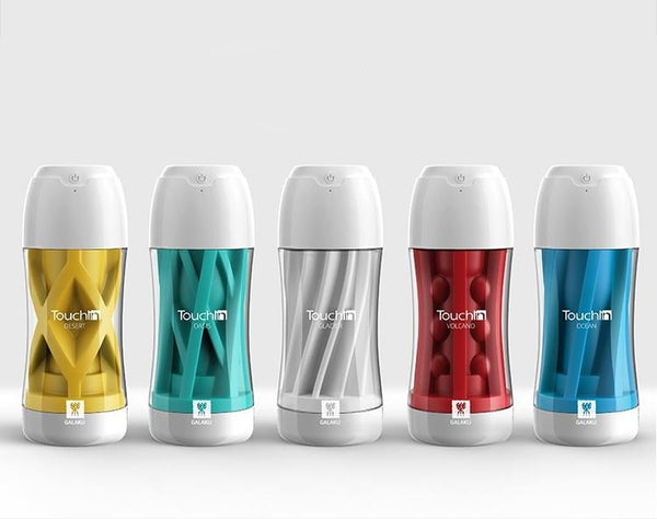 Five Touchin' masturbators in yellow, teal, clear, red, and blue, shown upright