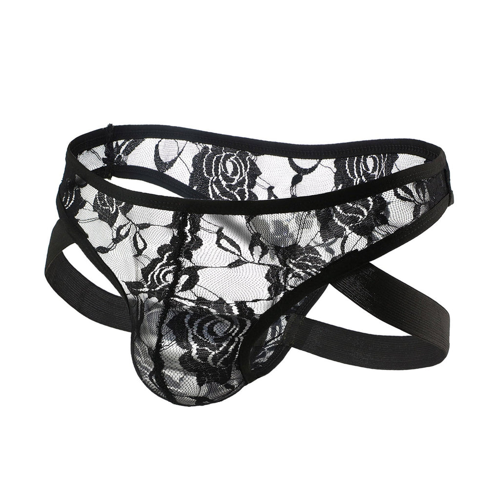 Black floral lace jockstrap shown from the front on a white background