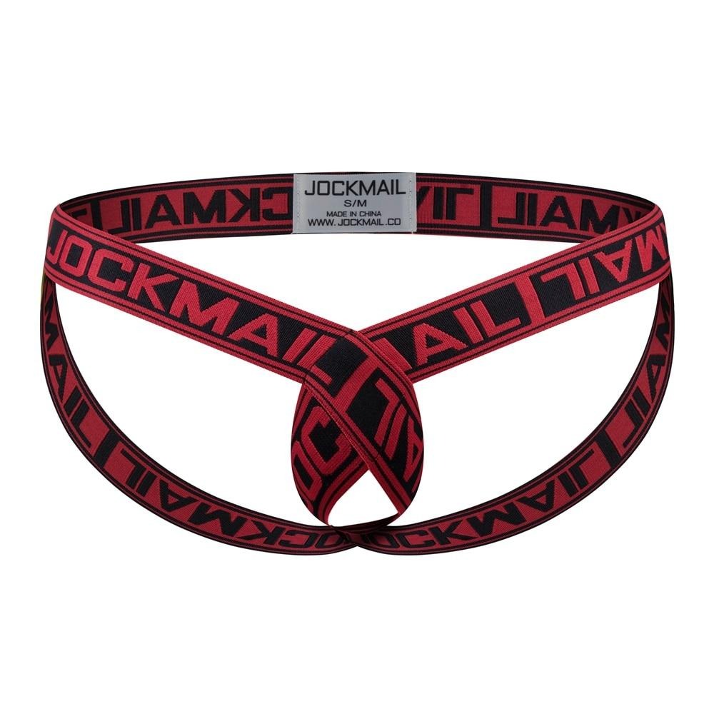 Red-and-black elastic cockstrap with crossed straps and Jockmail logo waistband