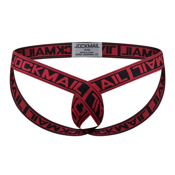 Red-and-black elastic cockstrap with crossed straps and Jockmail logo waistband