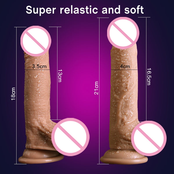 Two realistic tan strap-on dildo models shown side by side with size markings