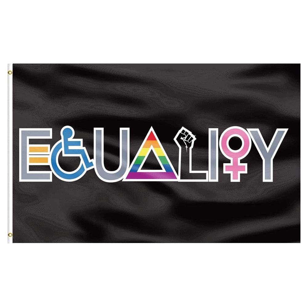Black equality flag with rainbow-striped lettering, accessibility symbol, and raised-fist graphic