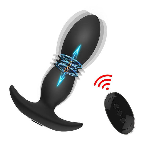 Black vibrating butt plug with curved flared base, remote, and visible “10mm” vibration graphic