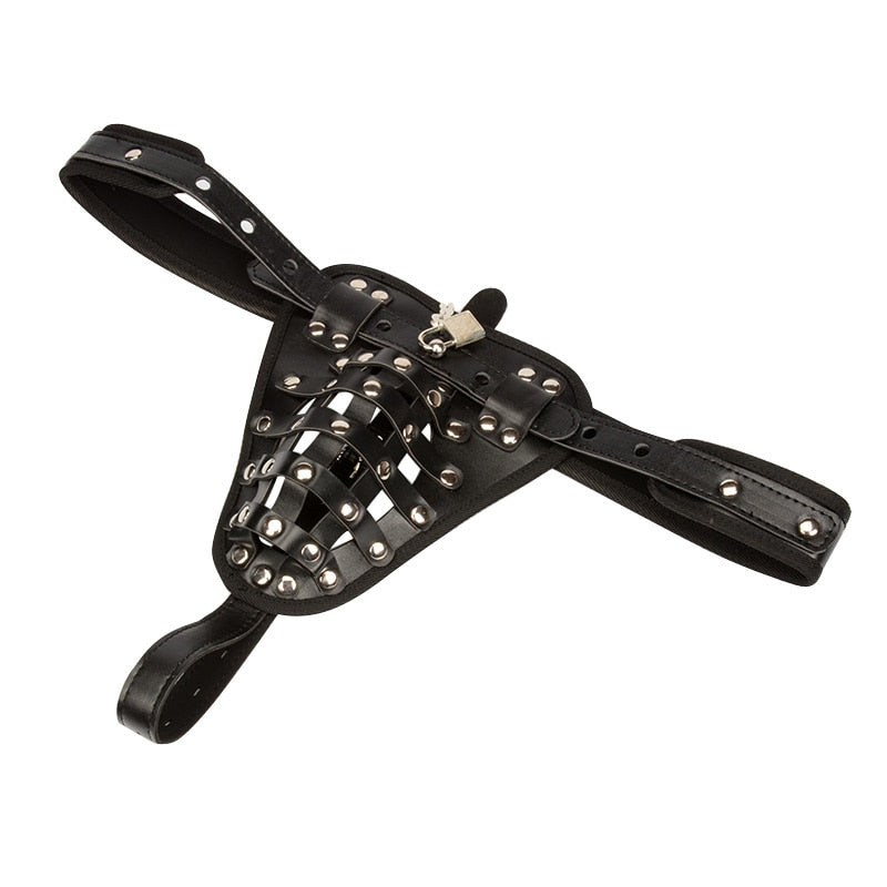 Black leather chastity belt brief with cage straps, rivets, and a small lock
