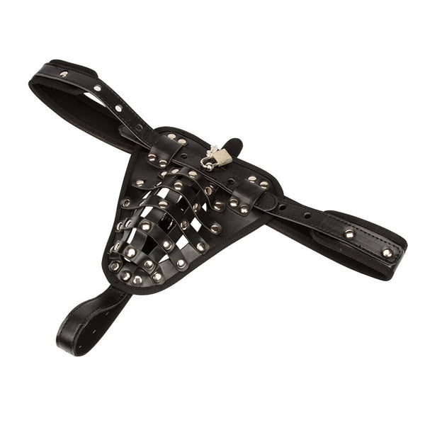Black leather chastity belt brief with cage straps, rivets, and a small lock