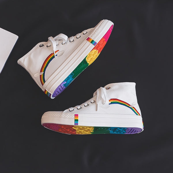 White Rainbow Retro Canvas Shoes by Queer In The World sold by Queer In The World: The Shop - LGBT Merch Fashion