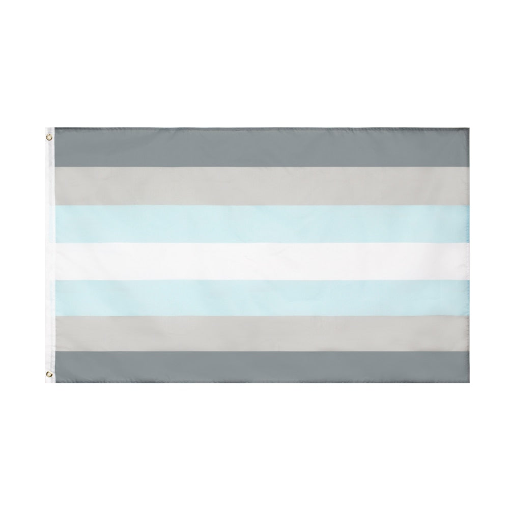 Demiboy pride flag with gray, blue, white, and pale blue horizontal stripes