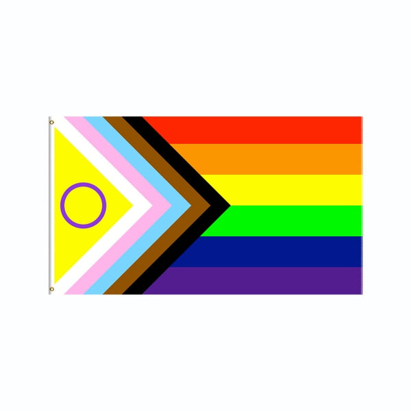Close-up of an intersex-inclusive Progress Pride flag with rainbow stripes and purple intersex symbol