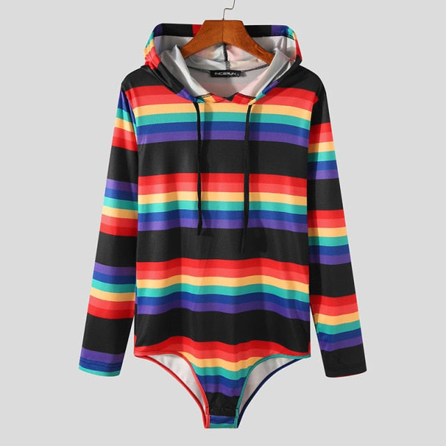 Black Rainbow Striped Hooded Bodysuit by Queer In The World sold by Queer In The World: The Shop - LGBT Merch Fashion