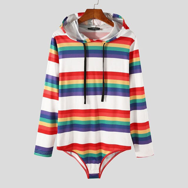 White Rainbow Striped Hooded Bodysuit by Queer In The World sold by Queer In The World: The Shop - LGBT Merch Fashion
