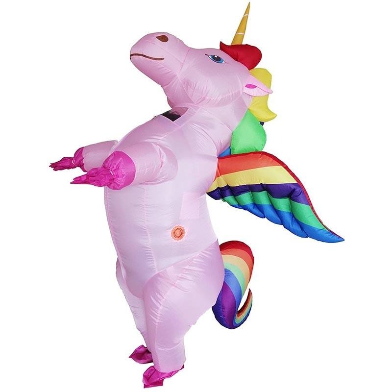 Inflatable pink unicorn costume with rainbow wings, mane, tail, and golden horn
