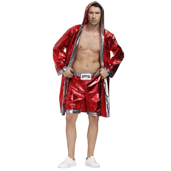 Model wearing a shiny red boxing champion costume with hooded robe, shorts, and silver trim