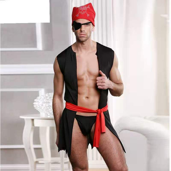 Gay pirate costume modeled with a black open vest, red sash, eyepatch, and red headscarf