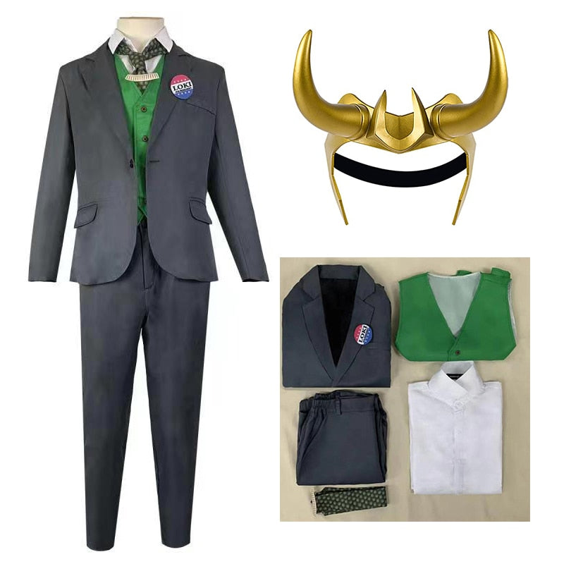 Loki costume shown as a gray suit with green vest, white shirt, tie, and gold horned headpiece