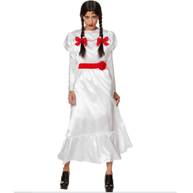 Front view of a white ghost bride costume with red bows, belt, and ruffled hem