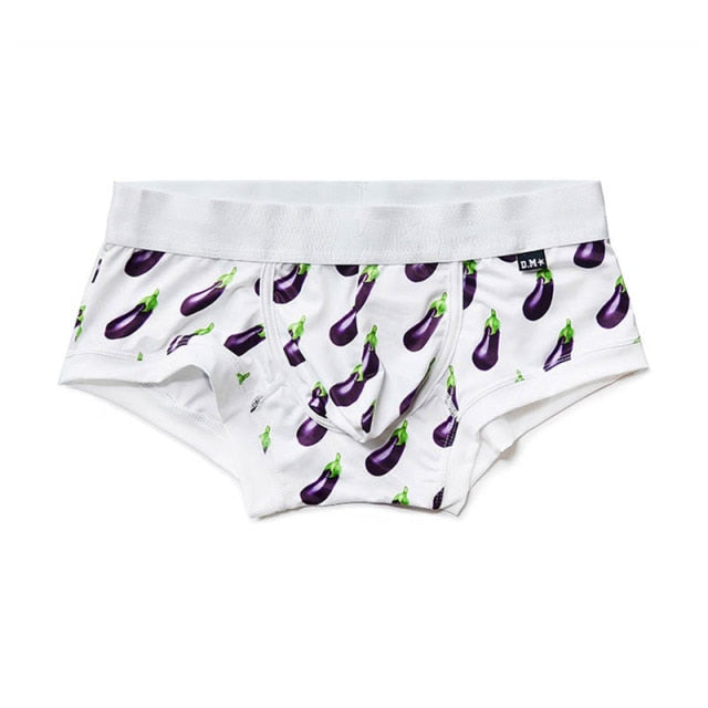White boxer briefs covered in repeating purple eggplant prints with green stems