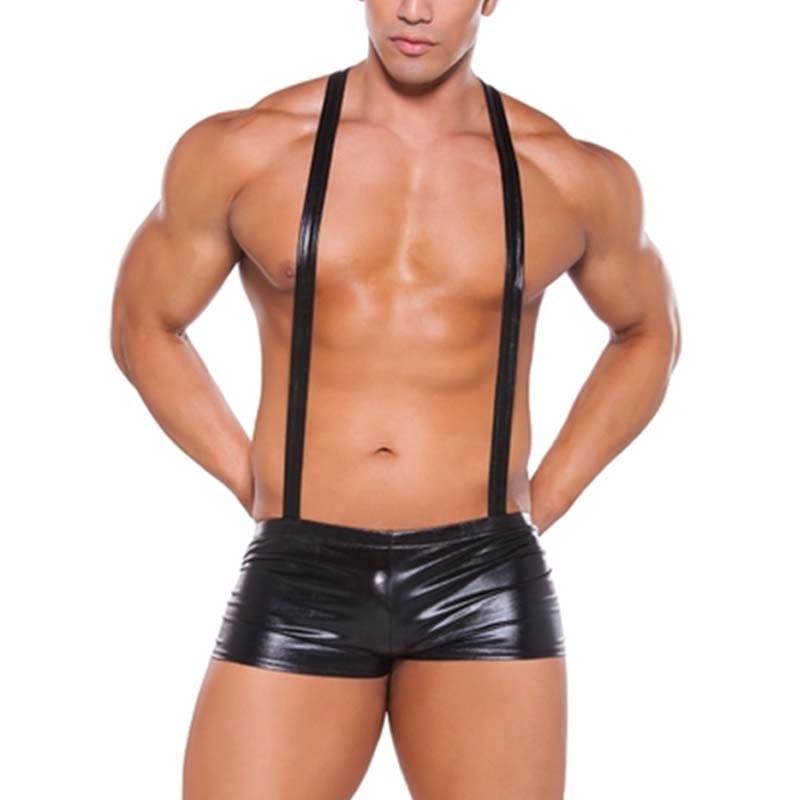 Front-facing model wearing black glossy suspender shorts, cropped at the neck and thighs