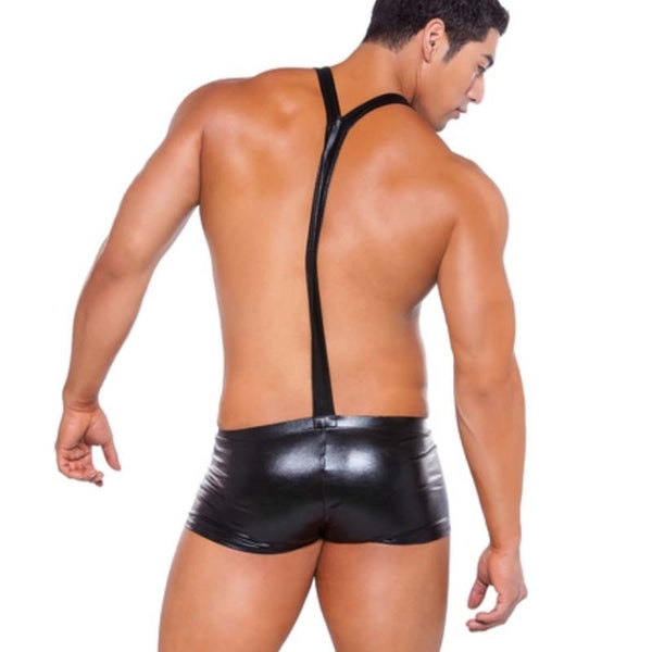 Rear view of a male model wearing black glossy suspender underwear shorts