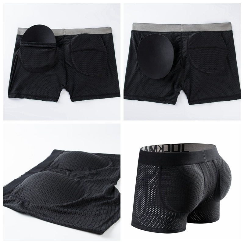 Close-up collage of black mesh booty boxers with padded front and rear pouches