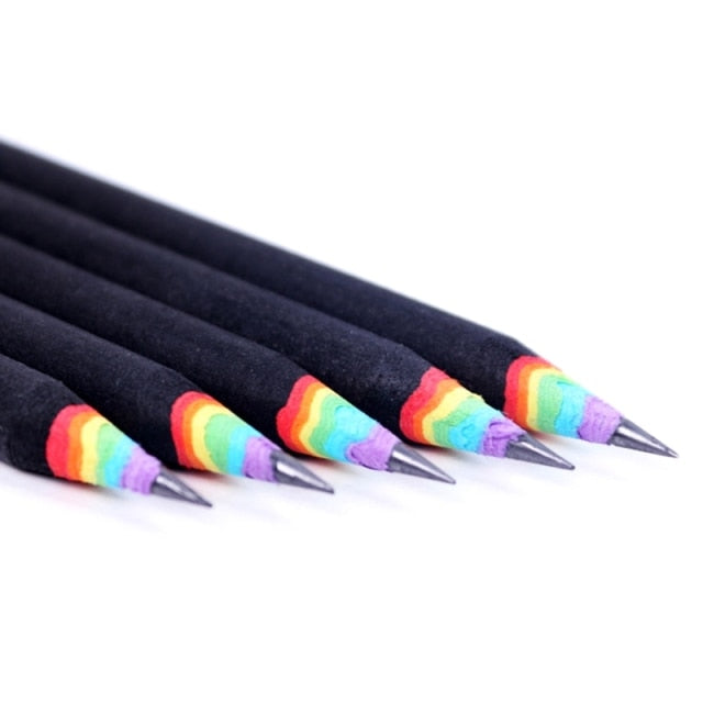 Five black 2B pencils with rainbow-striped ends and sharpened graphite tips