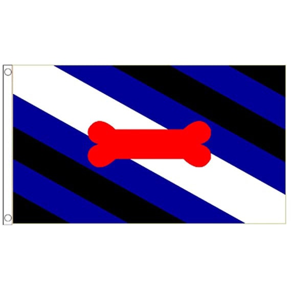 Puppy pride flag with black, blue, and white diagonal stripes and a red bone emblem